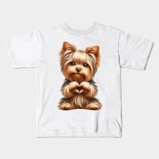 Valentine Yorkshire Terrier Dog Giving Heart Hand Sign Kids T-Shirt